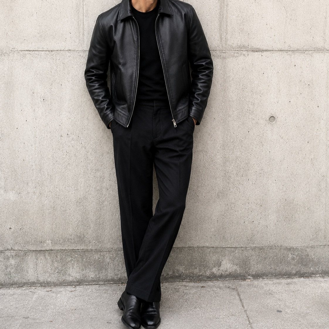 Man in black leather jacket, black t-shirt, and black trousers against concrete wall