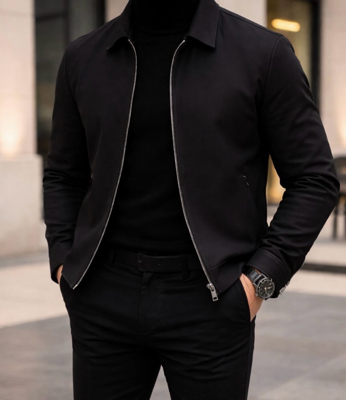 Man wearing a black zip-up jacket, black t-shirt, and black trousers outdoors.