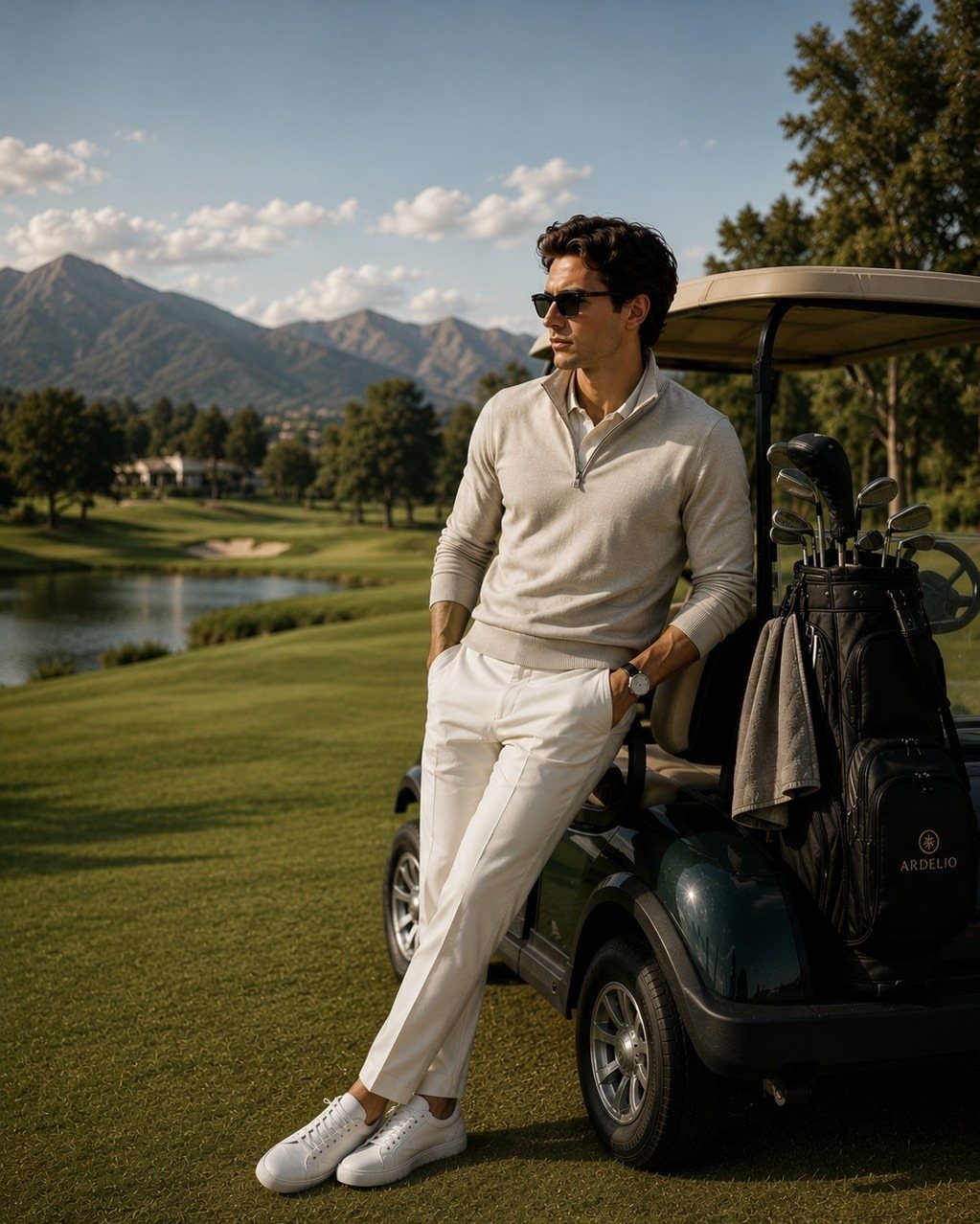 Man in all white outfit leaning against a golf cart on a course.