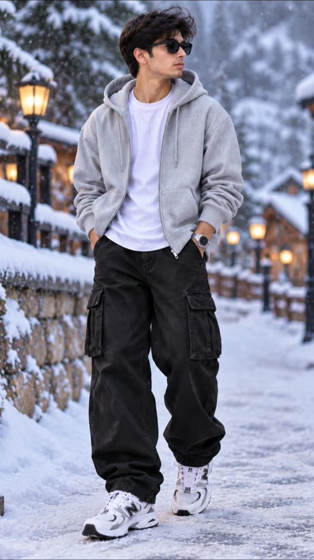 Man wearing a basic white tee under a grey hoodie in snowy landscape