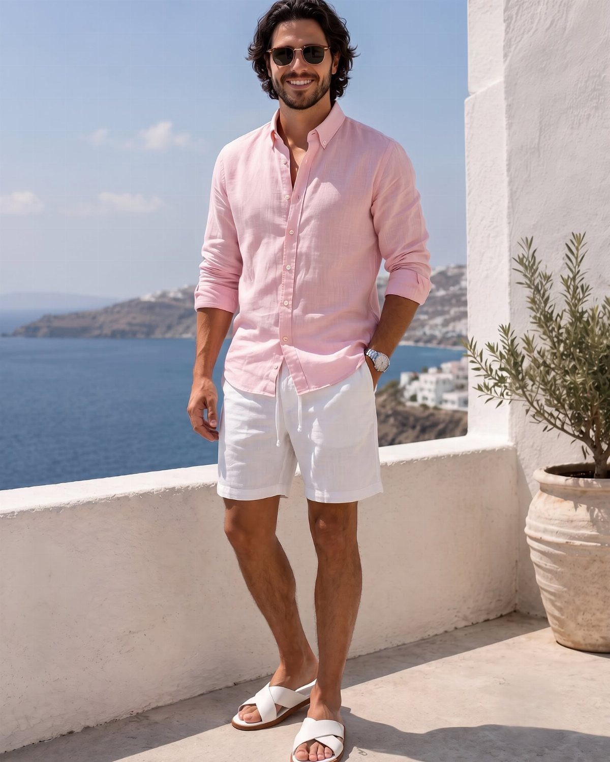 Man in pink shirt and white bermuda shorts standing on a sunny balcony.