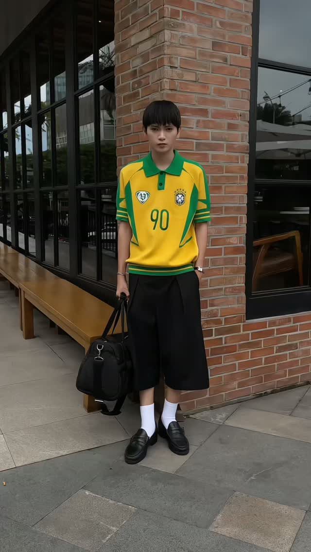 Person wearing a Brazil soccer jersey and black tailored bermuda shorts with loafers.