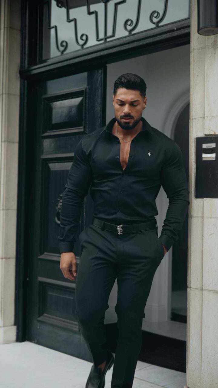 Man in a fitted black shirt and black trousers posing by a door