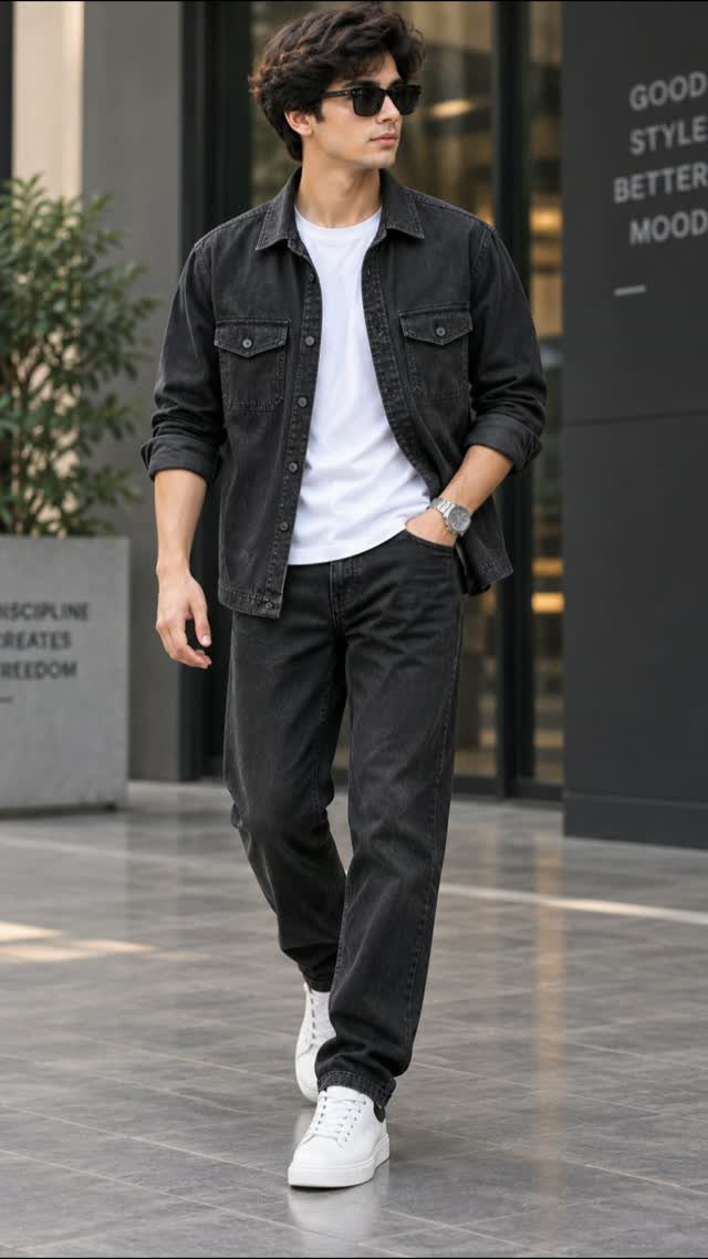 Man wearing black trousers, a black denim jacket, white t-shirt, and white sneakers.