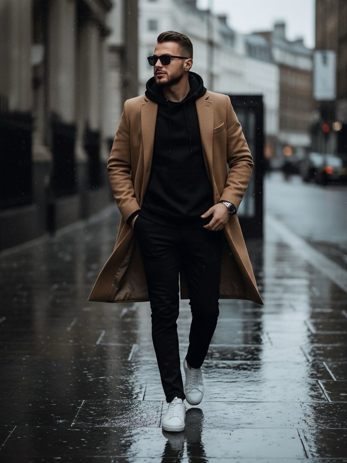 Man in camel overcoat and black hoodie walking on wet city street