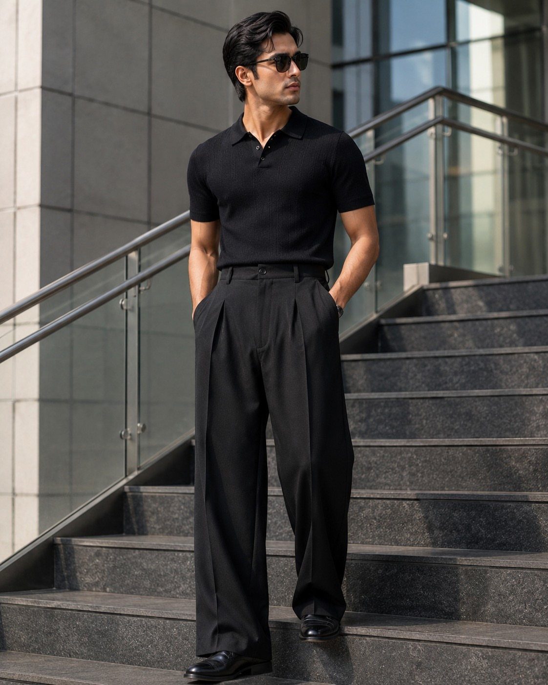 Man in black knit polo and wide-leg pleated black trousers on stone stairs.
