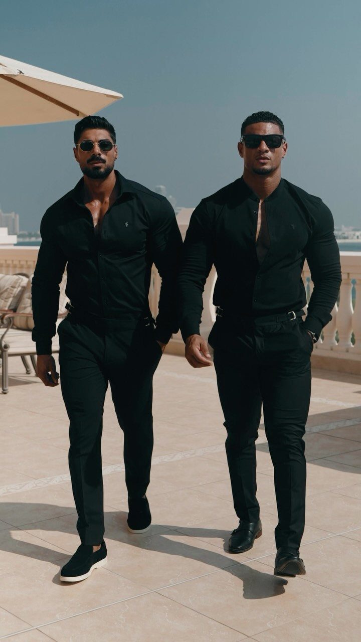 Two men wearing all-black button-down shirts and trousers walking on a sunny terrace.