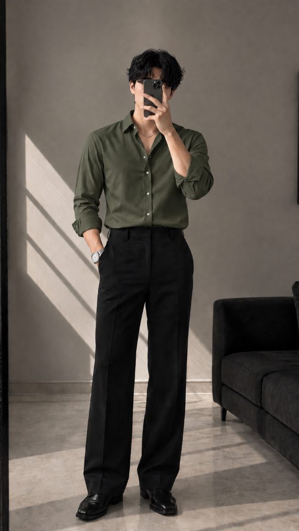 Man wearing olive green shirt and wide-leg black trousers taking a mirror selfie.