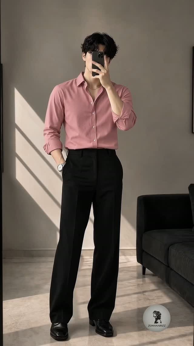 Man wearing a pink button-down shirt and wide-leg black trousers in a mirror selfie.