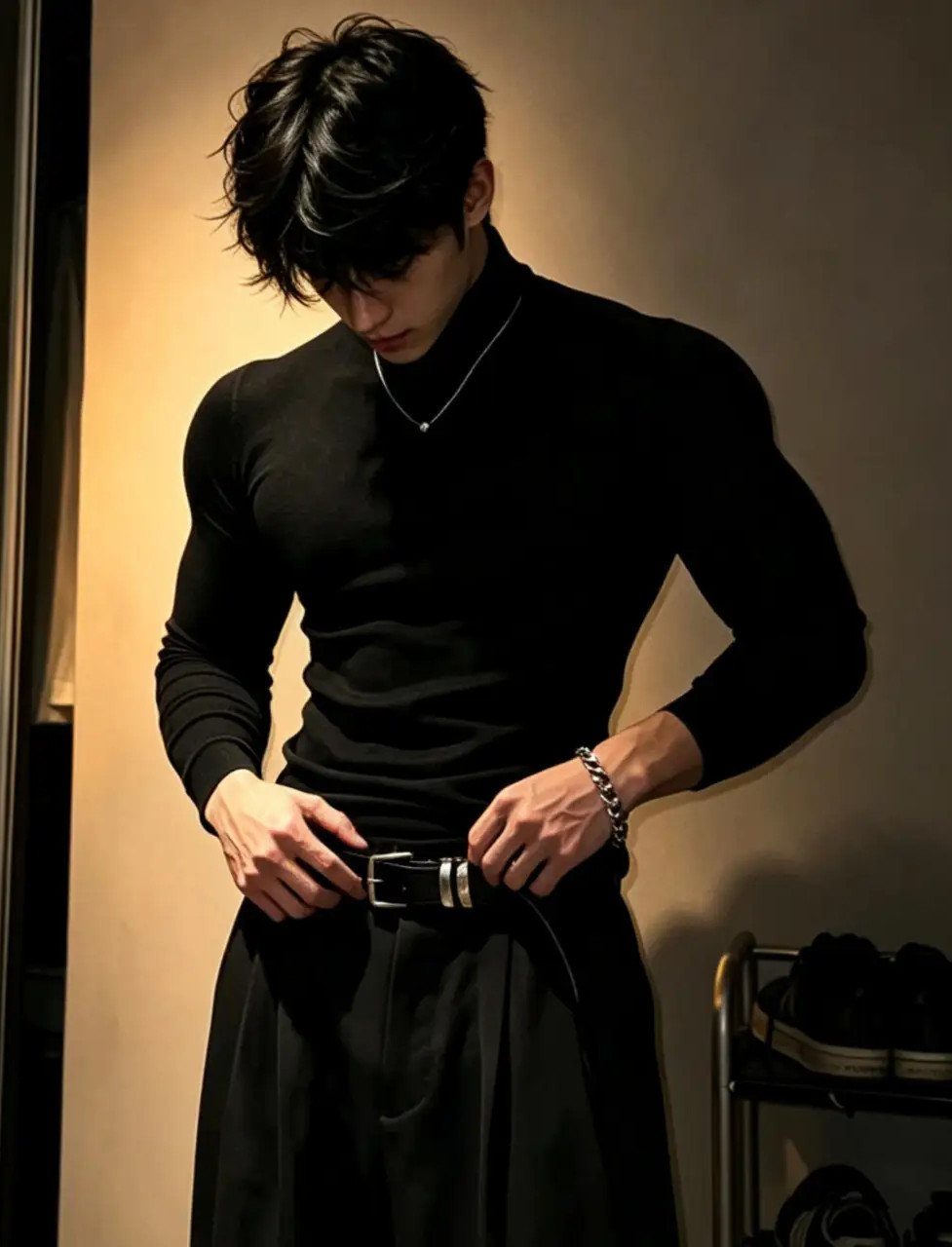 Man in a black turtleneck and black trousers adjusting his silver belt buckle.