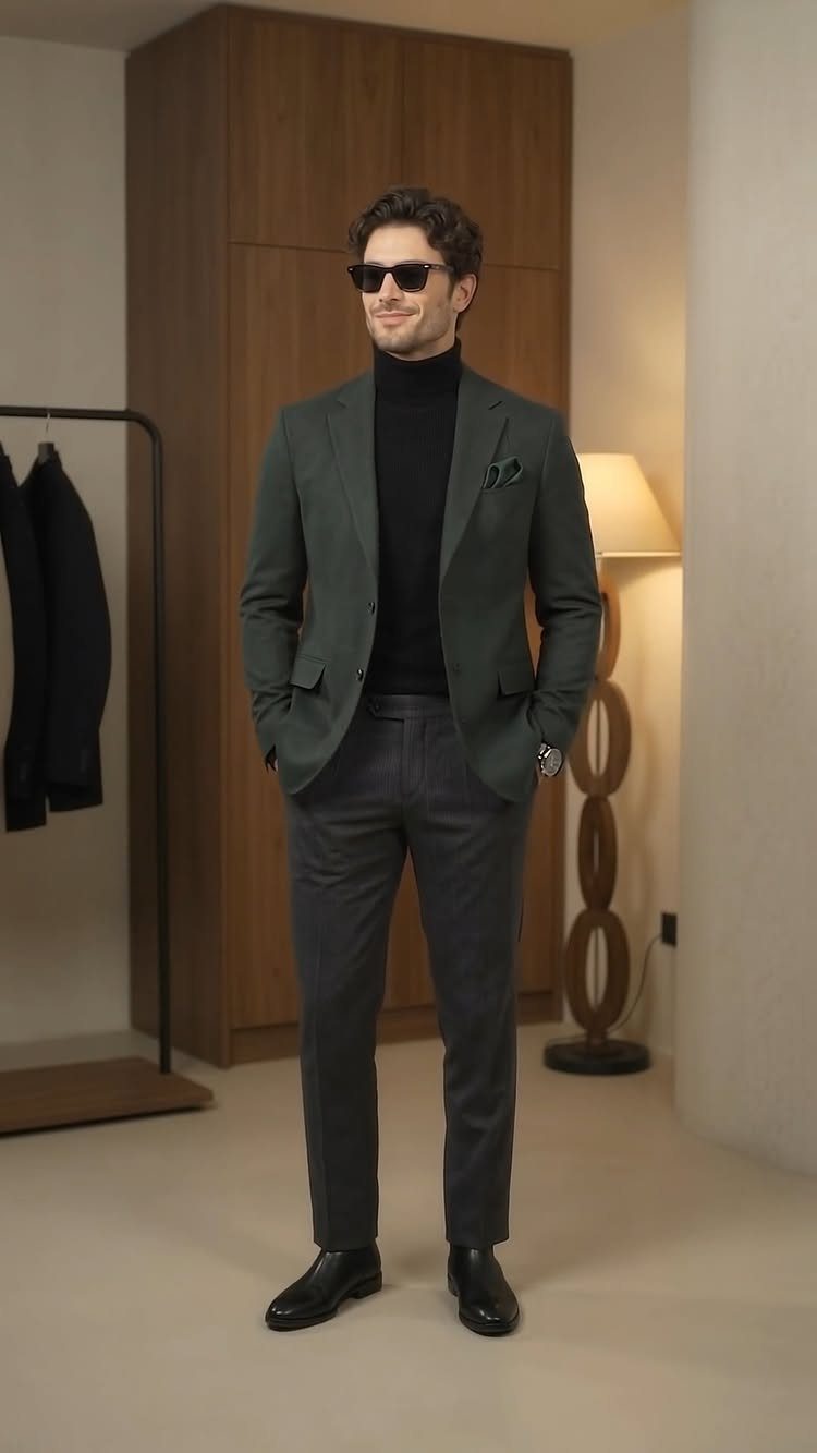 Man in black turtleneck, dark green blazer, and charcoal trousers wearing sunglasses.