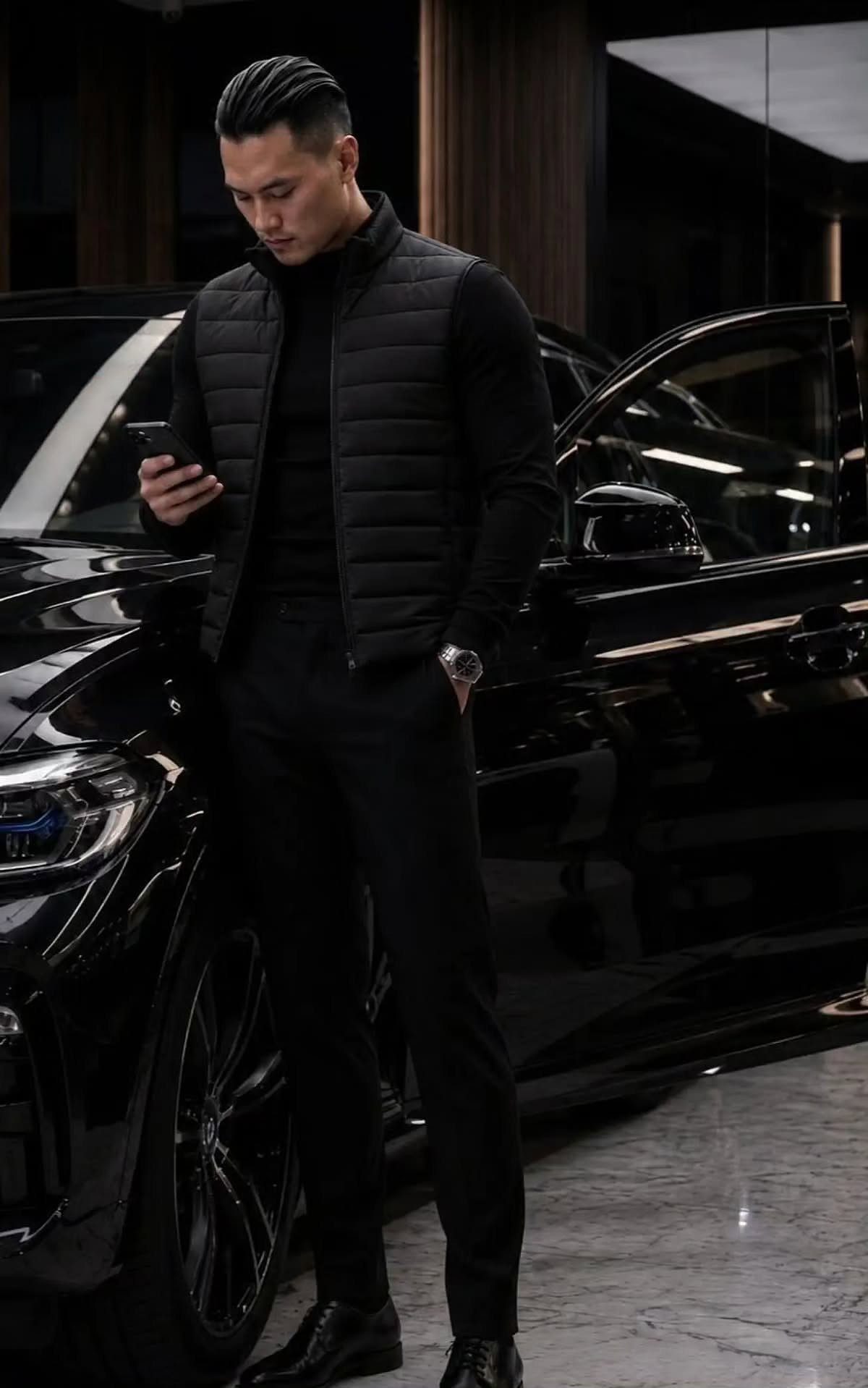 Man in black turtleneck and puffer vest leaning against a black luxury car.