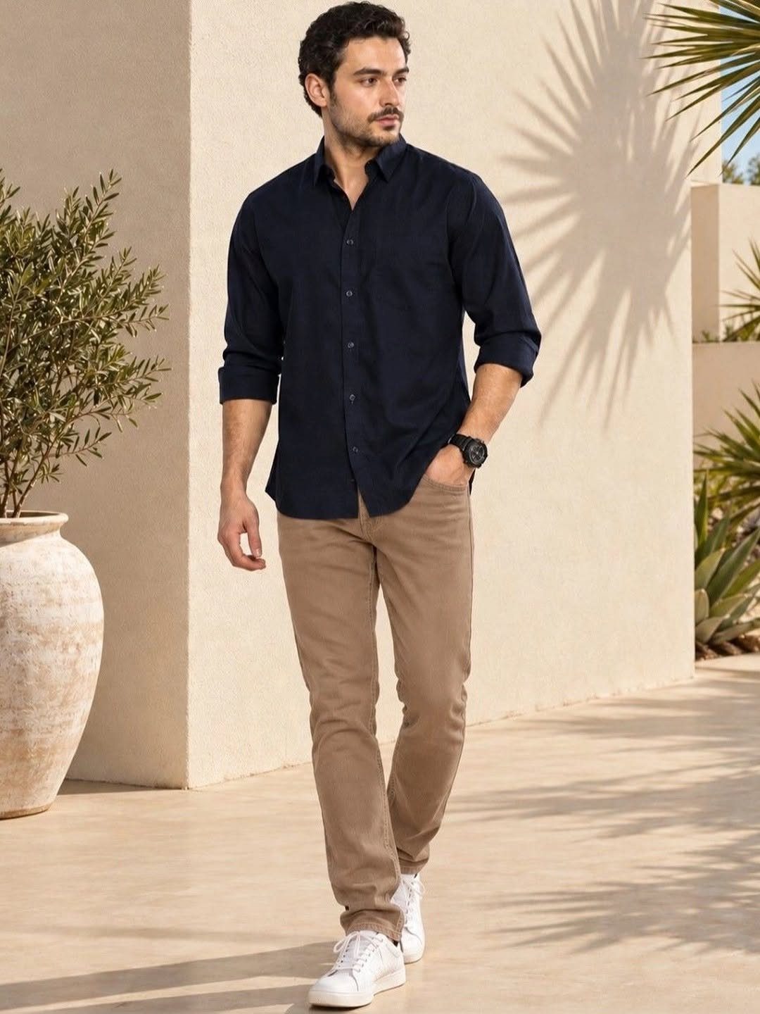 Man wearing navy blue button-down shirt, brown chino pants, and white sneakers walking outdoors.