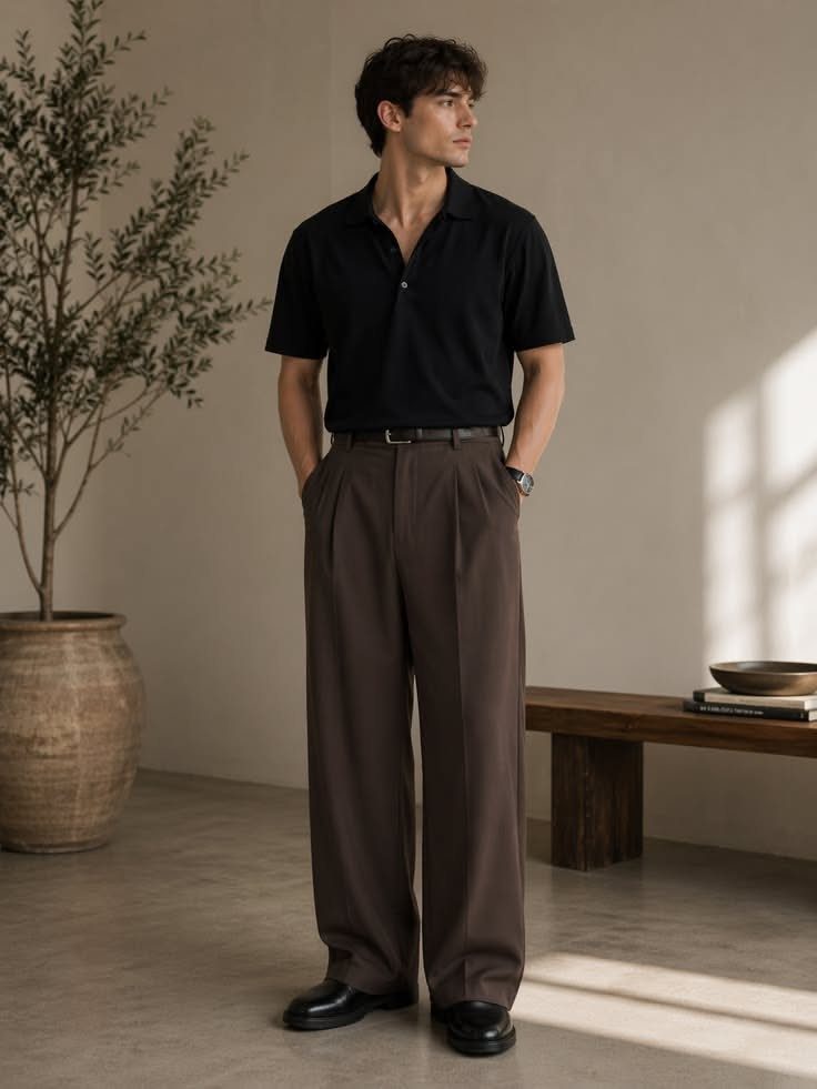 Man wearing a black shirt and wide-leg brown pleated trousers in a minimalist room.