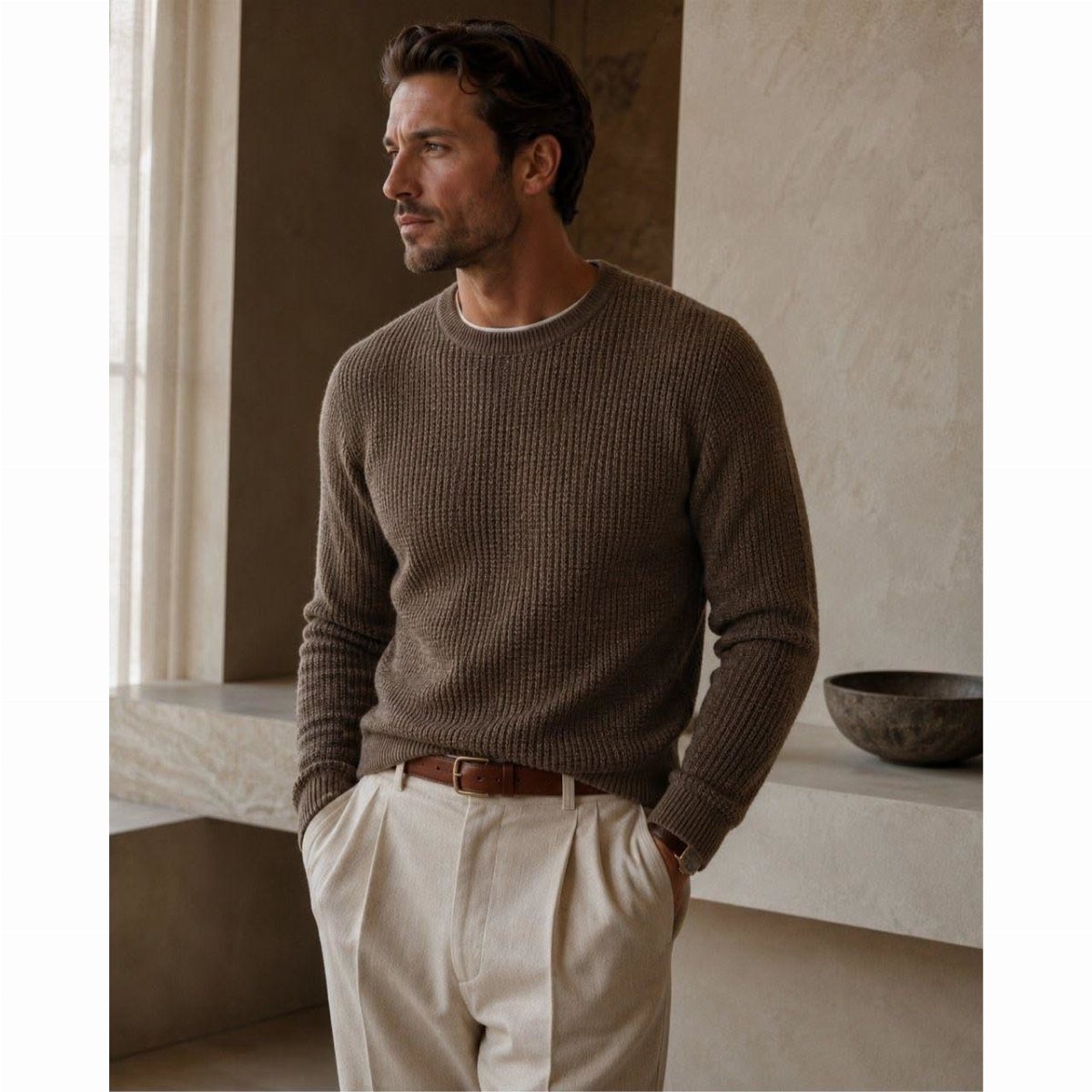 Man wearing a brown ribbed knit sweater and cream trousers in a minimalist room