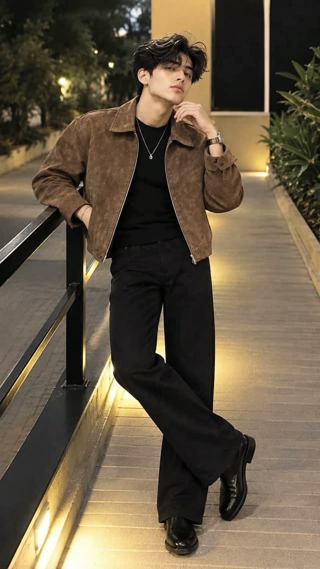 Man wearing a brown suede jacket with black t-shirt and black trousers.