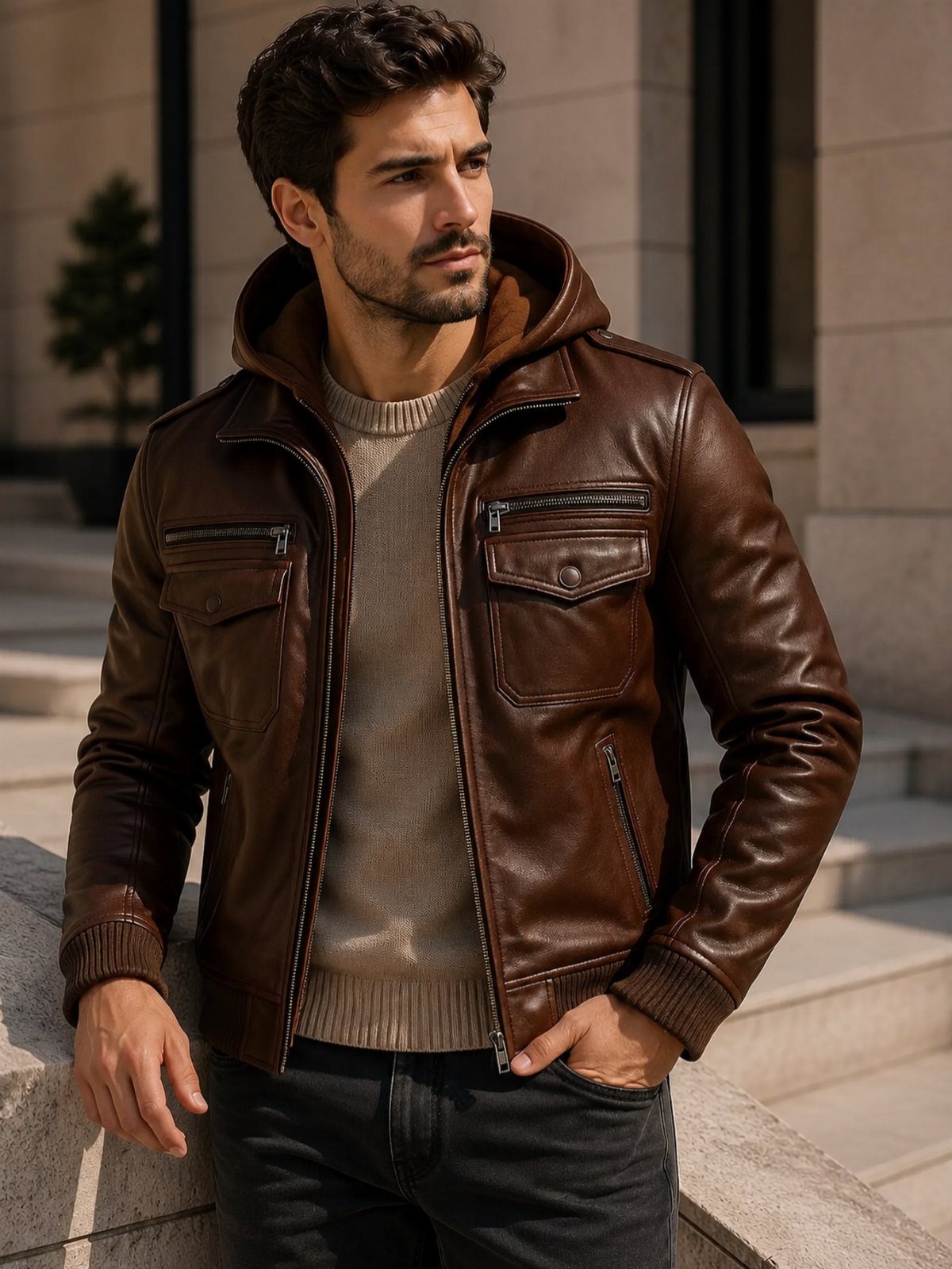 Man wearing a brown leather jacket over a brown hooded sweater and black jeans.