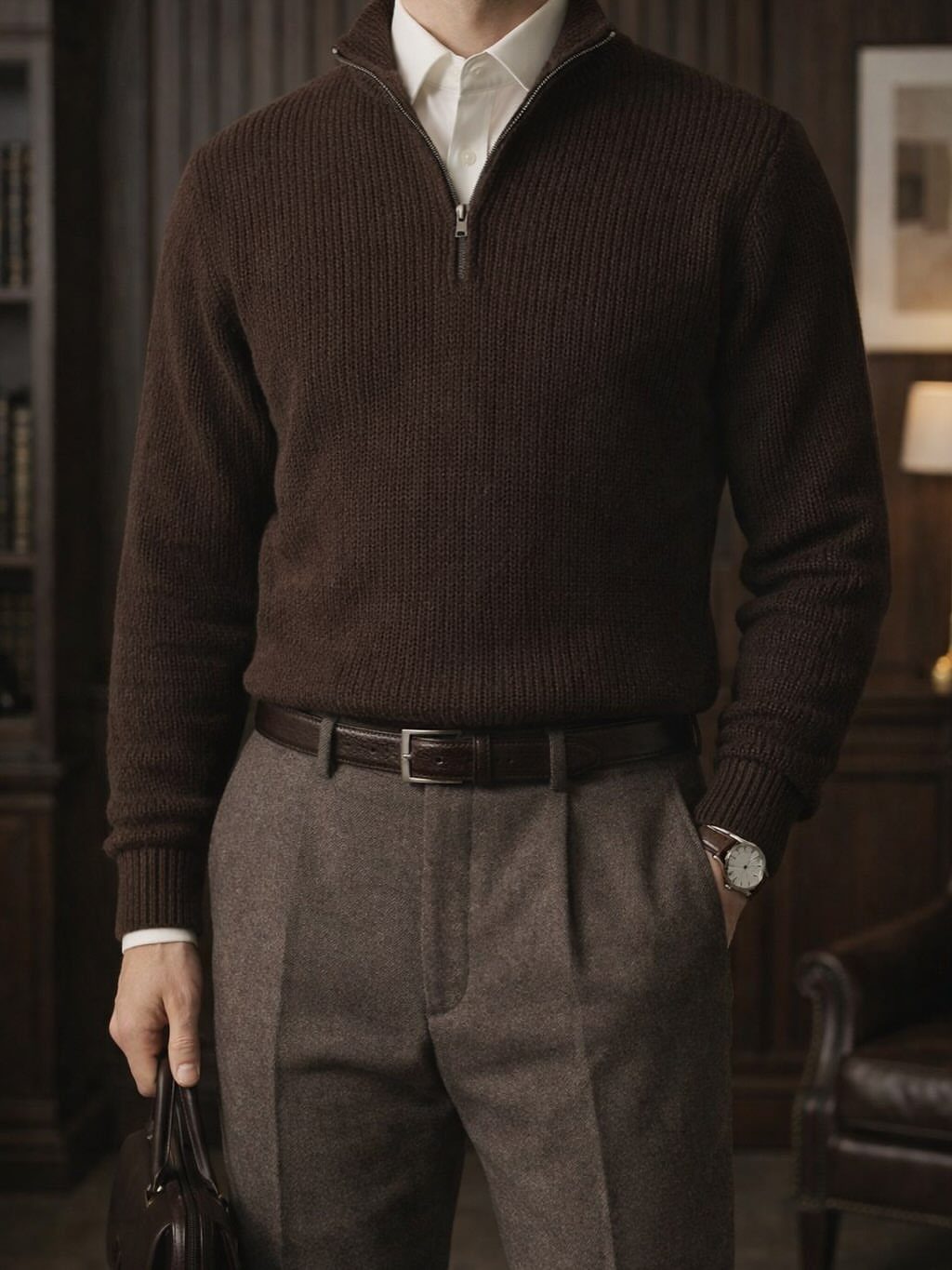 Man wearing a brown ribbed sweater over a white shirt with grey chinos