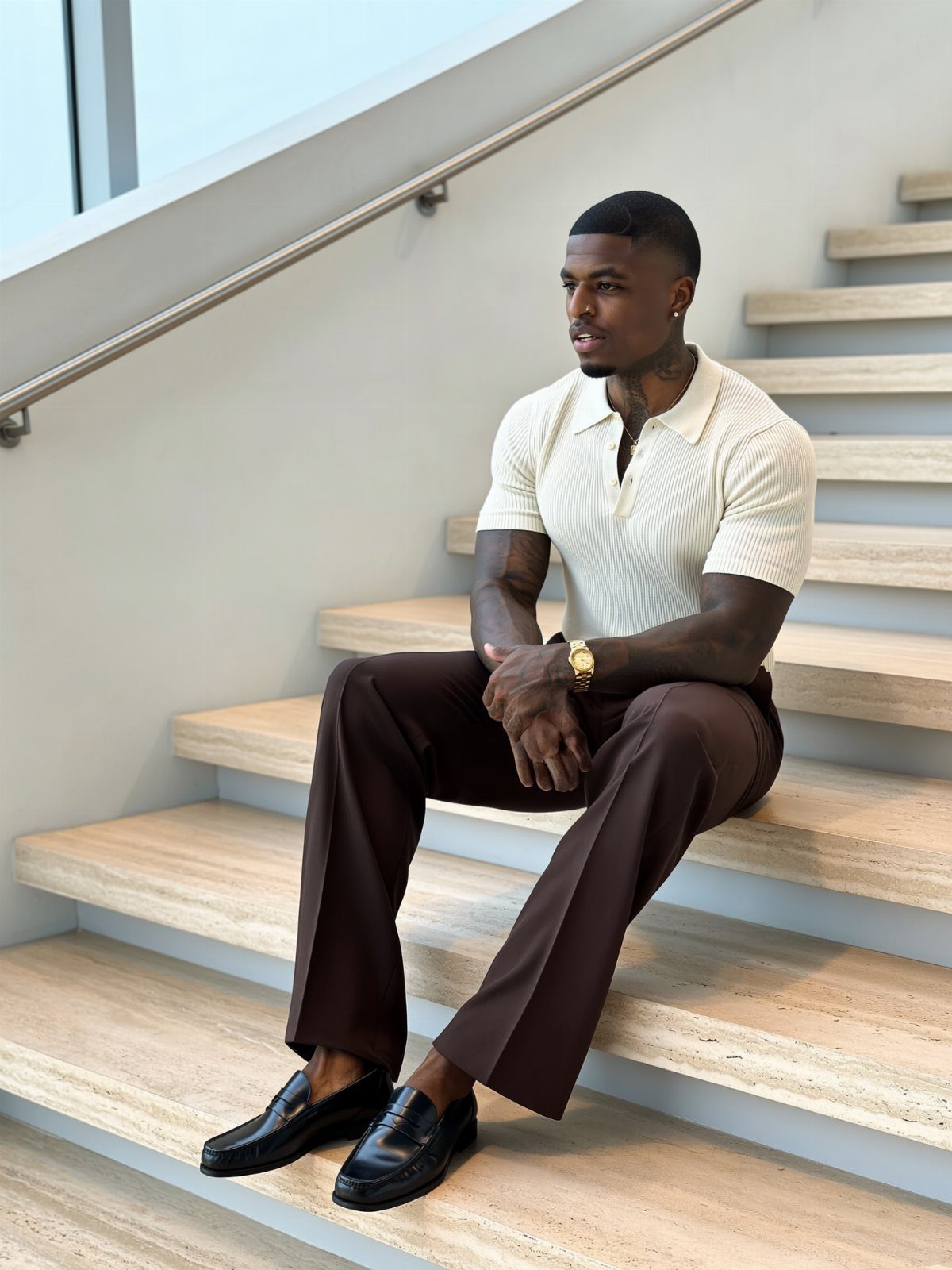 Man sitting on wooden stairs wearing brown trousers, white polo, and black loafers.
