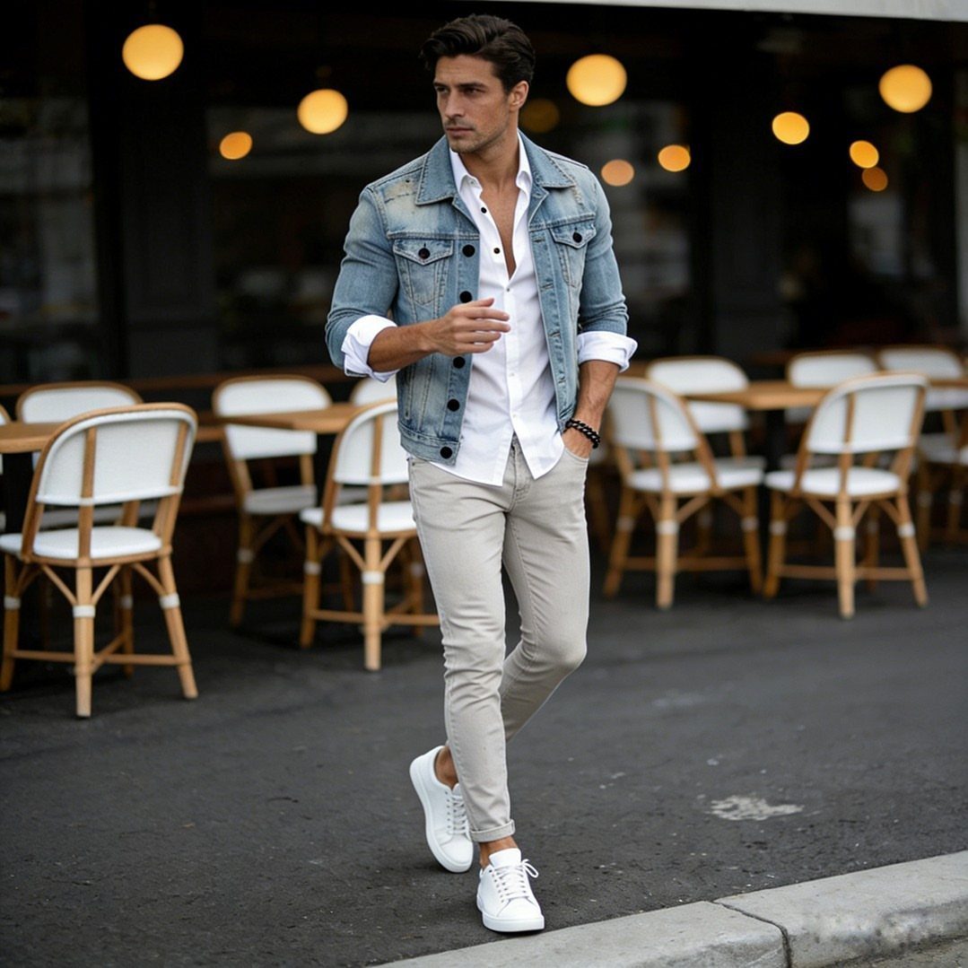 Man wearing a light denim jacket, white shirt, and beige chinos walking outdoors.