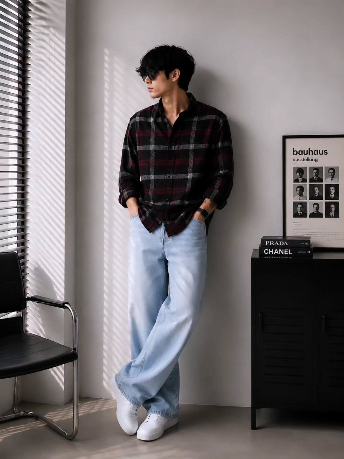 Man wearing a dark plaid shirt and light blue wide-leg jeans leaning against wall
