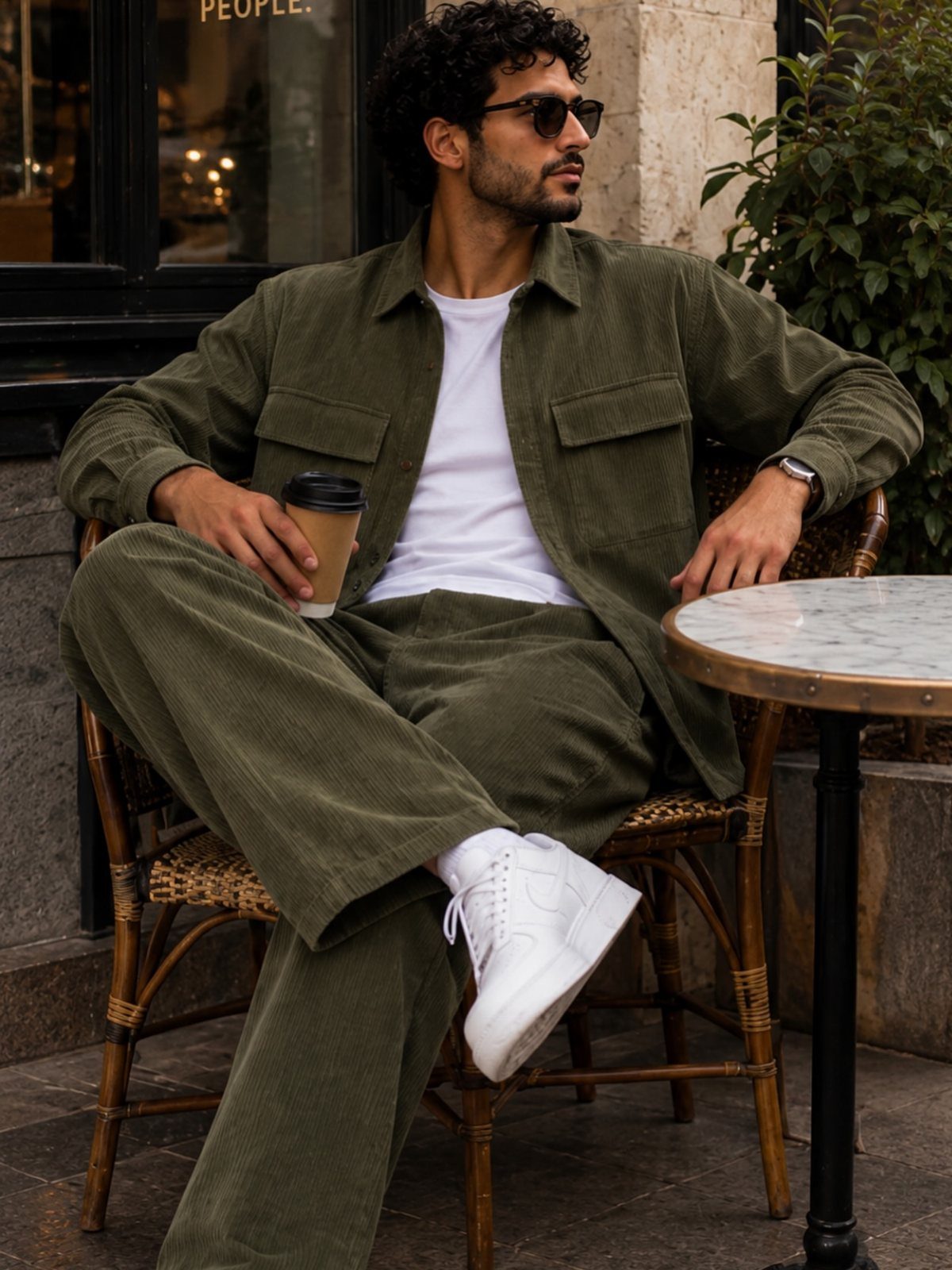 Man in olive green corduroy pants and matching shirt sitting at cafe table
