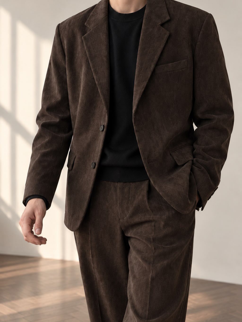 Man wearing a brown corduroy suit with a black sweater in a bright room