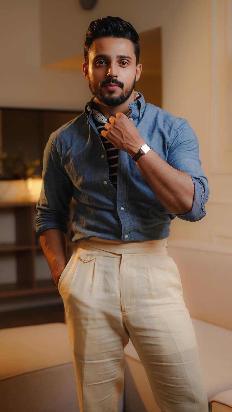 Man wearing a blue denim shirt and cream trousers posing indoors.