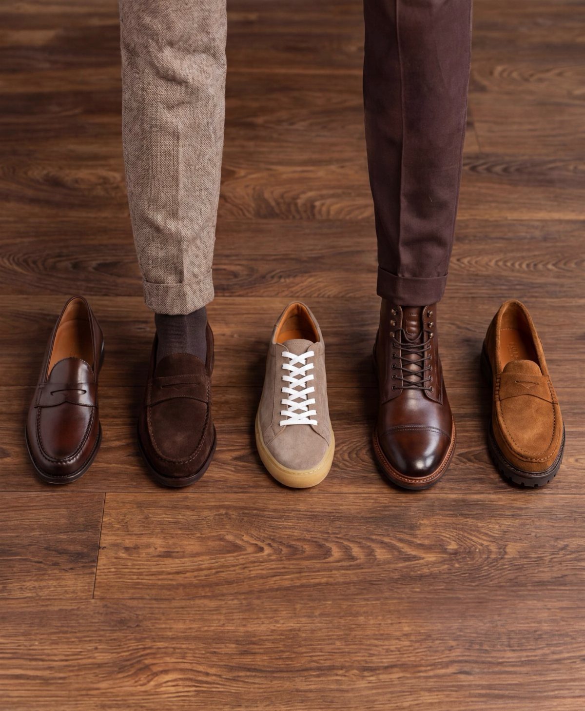 Five different styles of brown leather and suede shoes on a wooden floor.