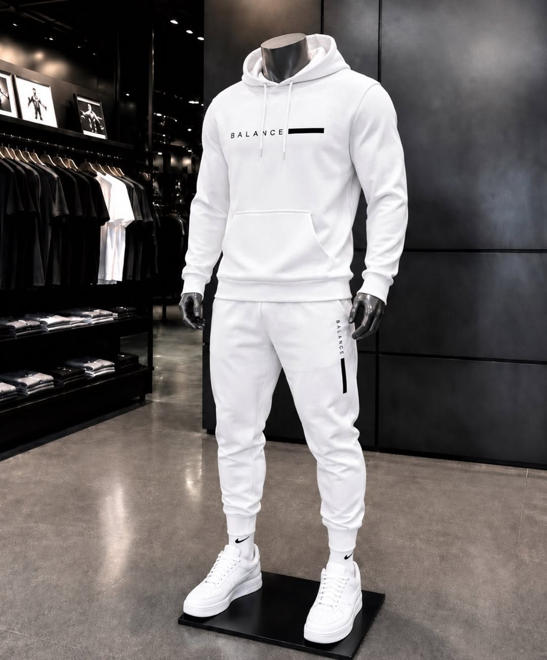 Male mannequin wearing a white hoodie and joggers set with white sneakers.