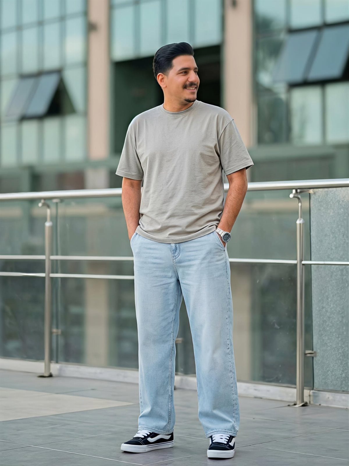 Man wearing a grey t-shirt and light blue jeans standing by a railing.