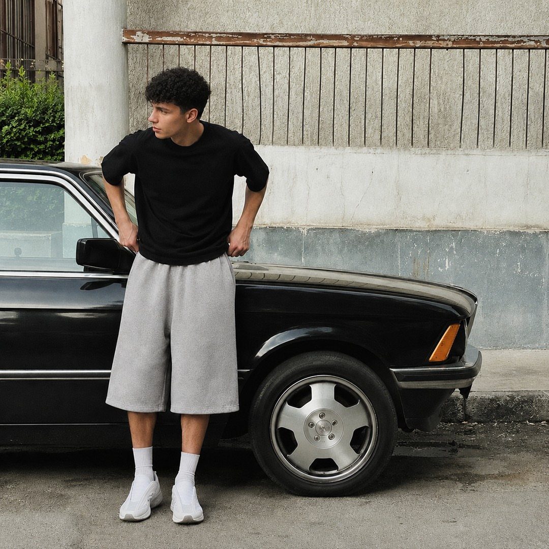 Man wearing a black t-shirt and wide grey shorts standing by a black car.