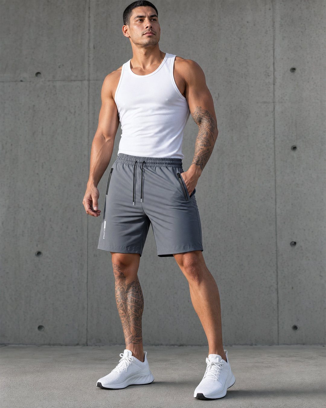 Muscular man wearing a white tank top, grey gym shorts, and white sneakers.