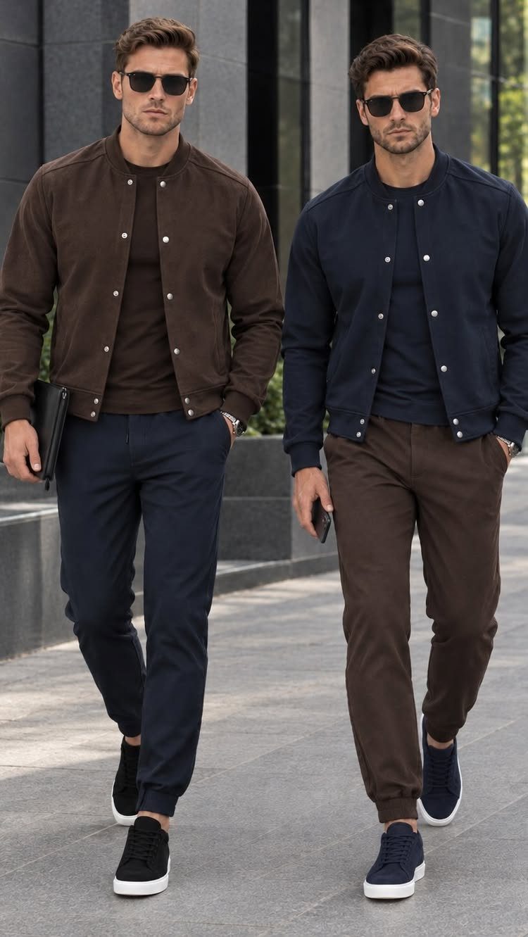 Two men wearing smart-casual bomber jackets and joggers walking in a city