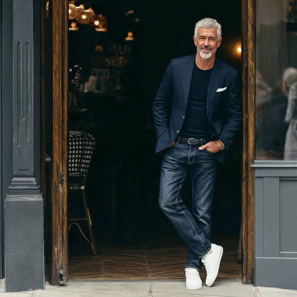 Mature man with grey hair wearing a navy blazer and dark blue jeans.