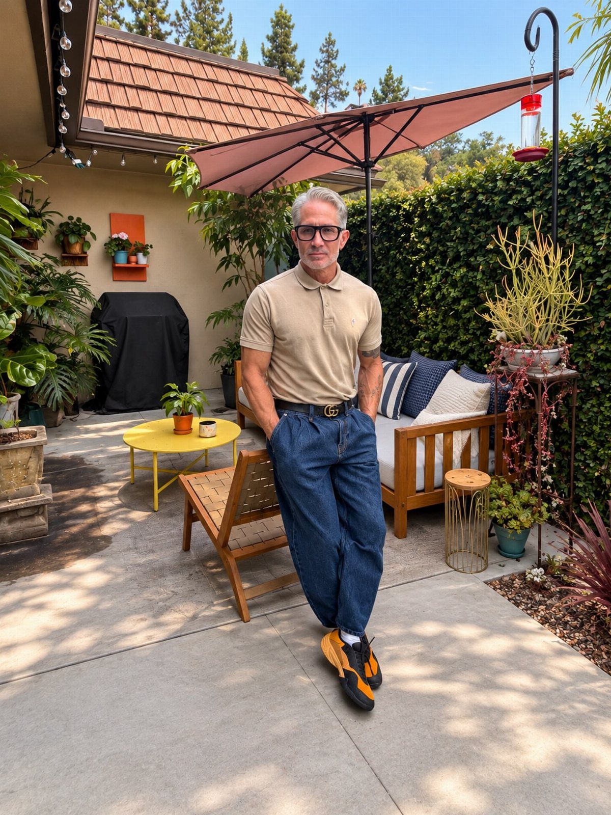 Mature man with grey hair wearing a beige polo and blue jeans outdoors.
