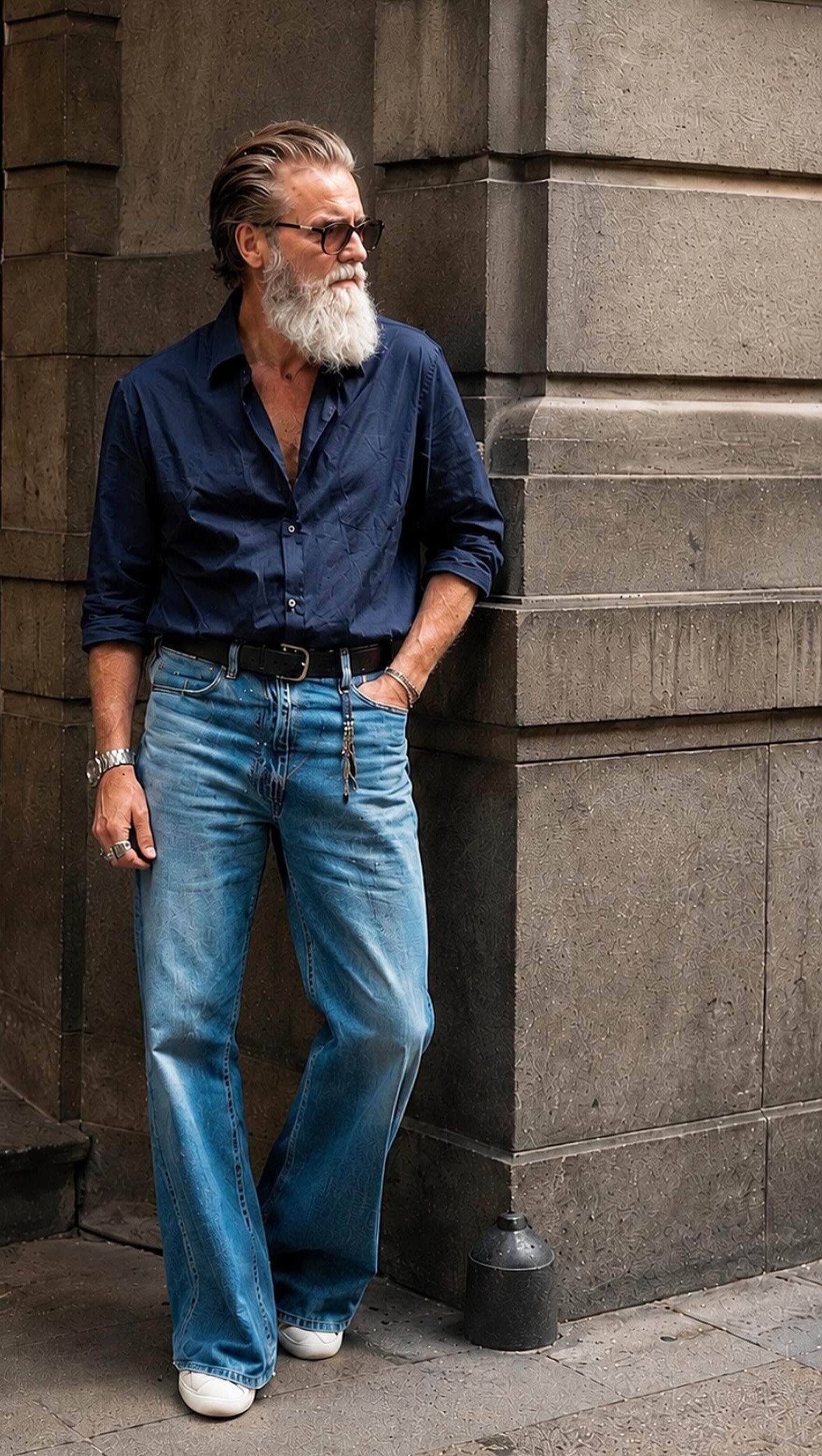 Mature man with white beard wearing wide-leg blue jeans and dark blue shirt.