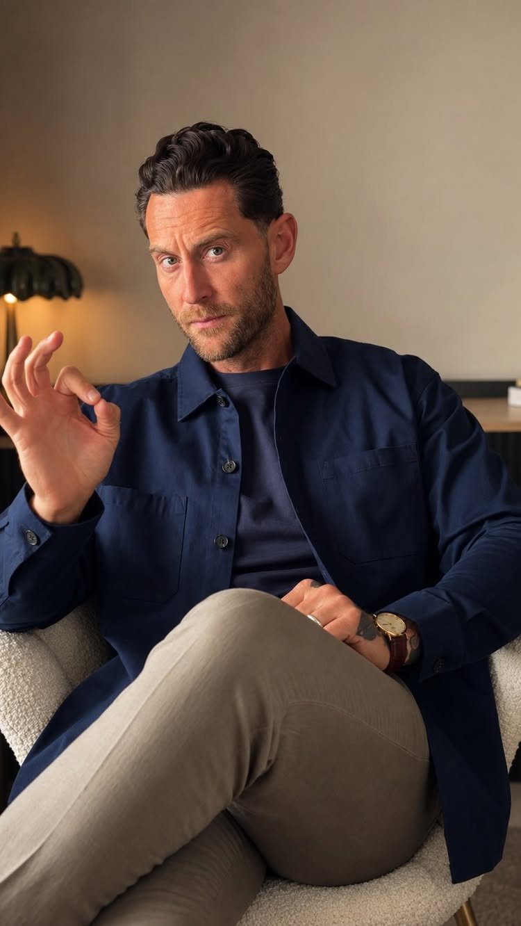 Man wearing a navy blue overshirt and khaki pants sitting in a chair.