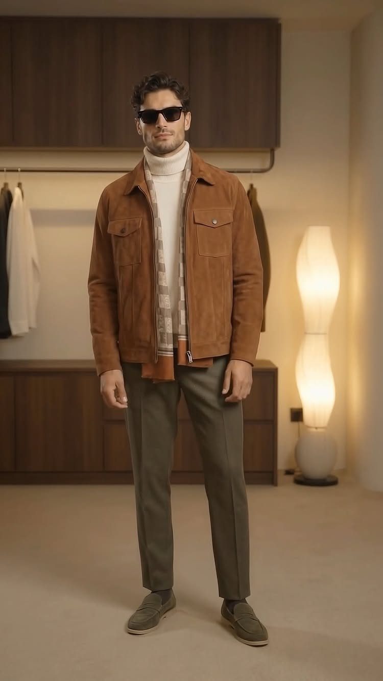 Man wearing a brown suede jacket, white turtleneck, scarf, and khaki trousers.
