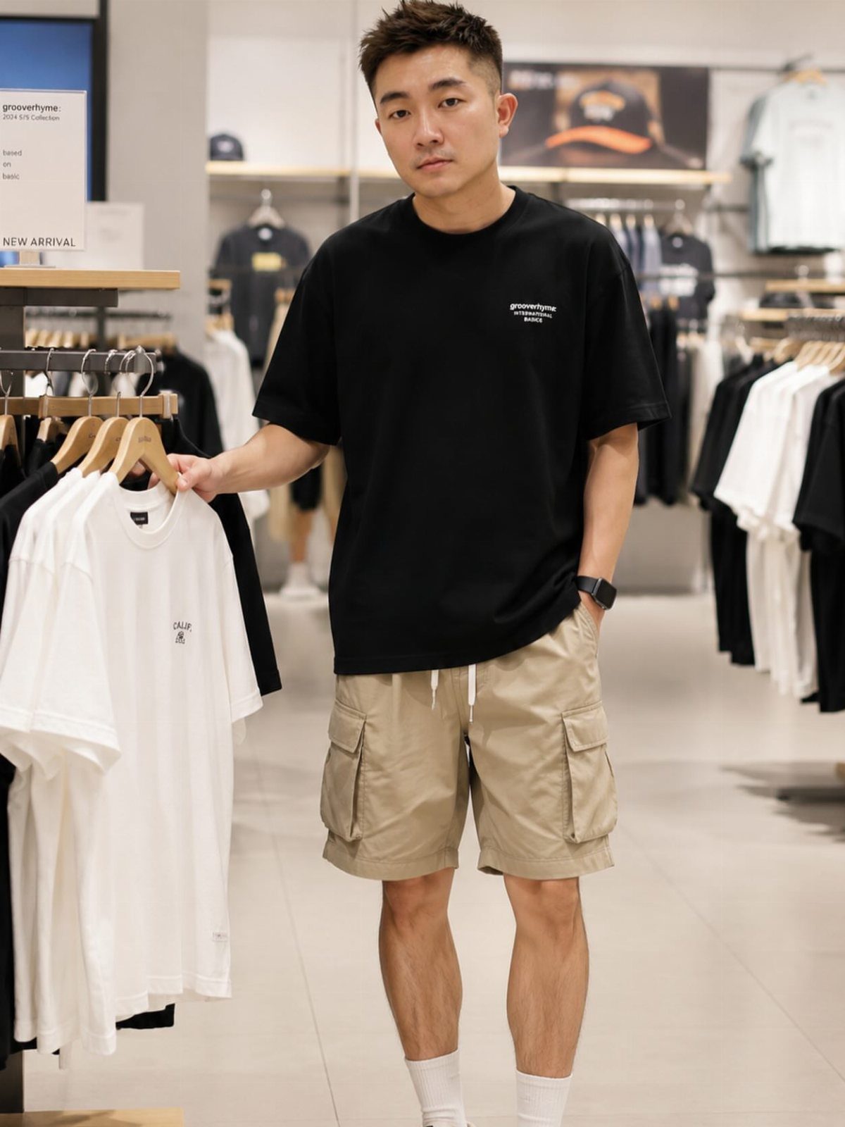 Man wearing a black t-shirt and khaki cargo shorts in a clothing store