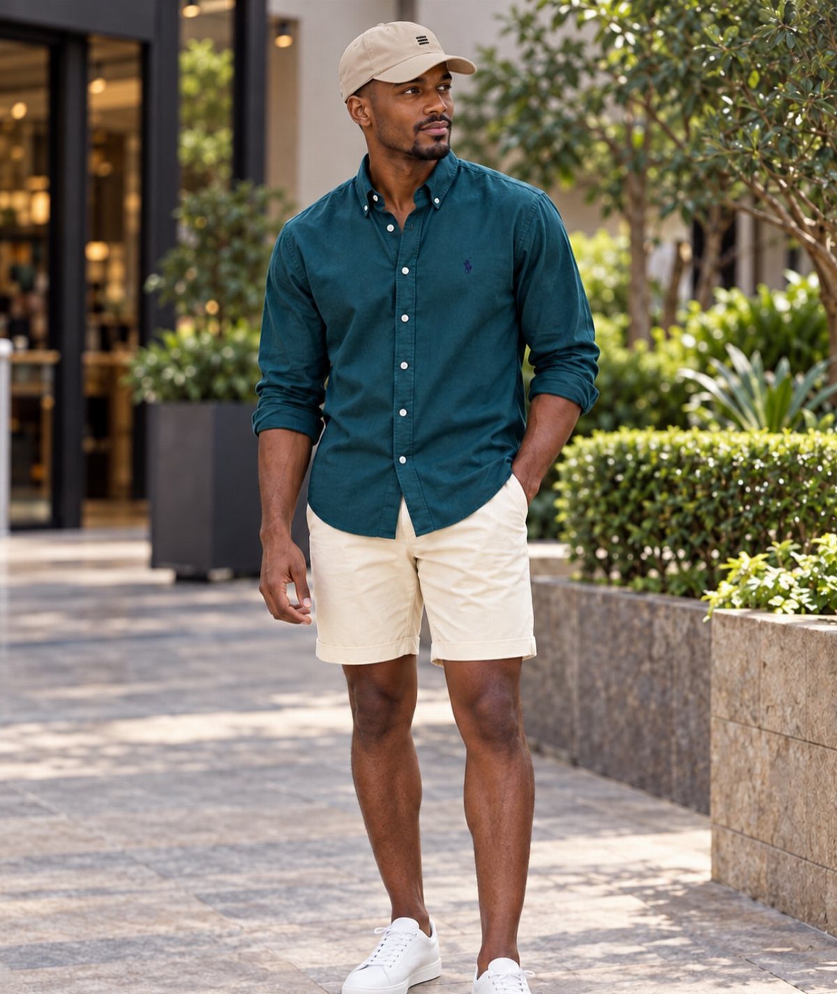 Man wearing a green shirt, khaki shorts, and white sneakers on a walkway.