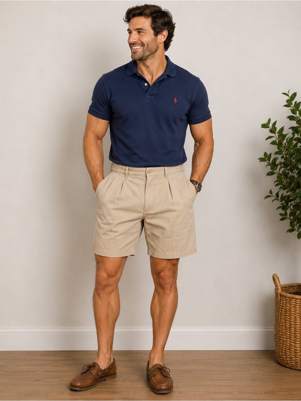 Man wearing a navy blue polo shirt, khaki shorts, and brown leather loafers.