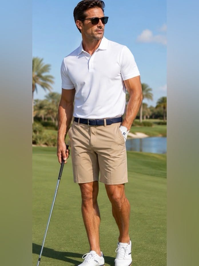 Man in white polo shirt and khaki shorts standing on a golf course