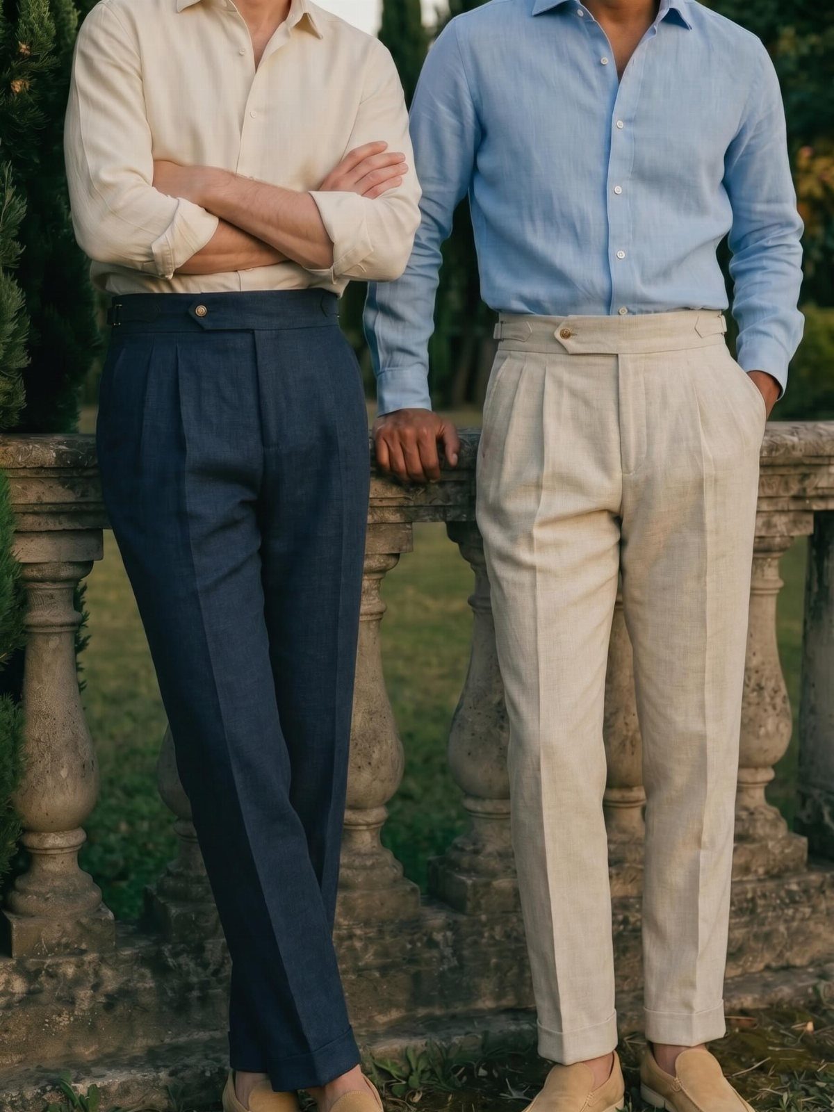 Two men wearing button-down shirts and pleated linen trousers by a stone railing.
