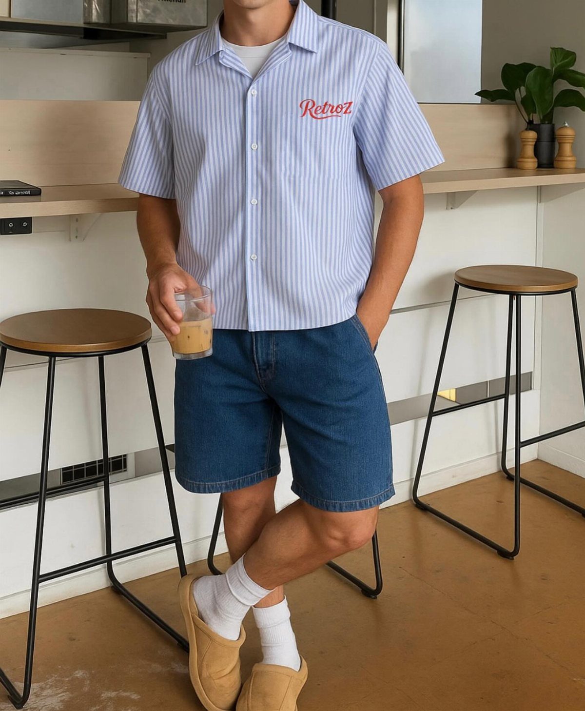 Man wearing a striped button-down shirt and blue denim shorts with tan shoes.