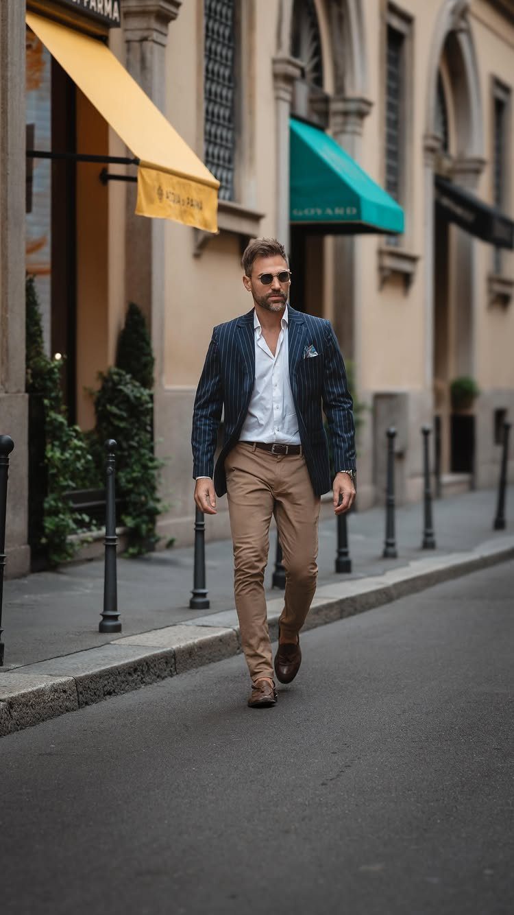 Man in a blue pinstripe blazer and tan chinos walking on a city street