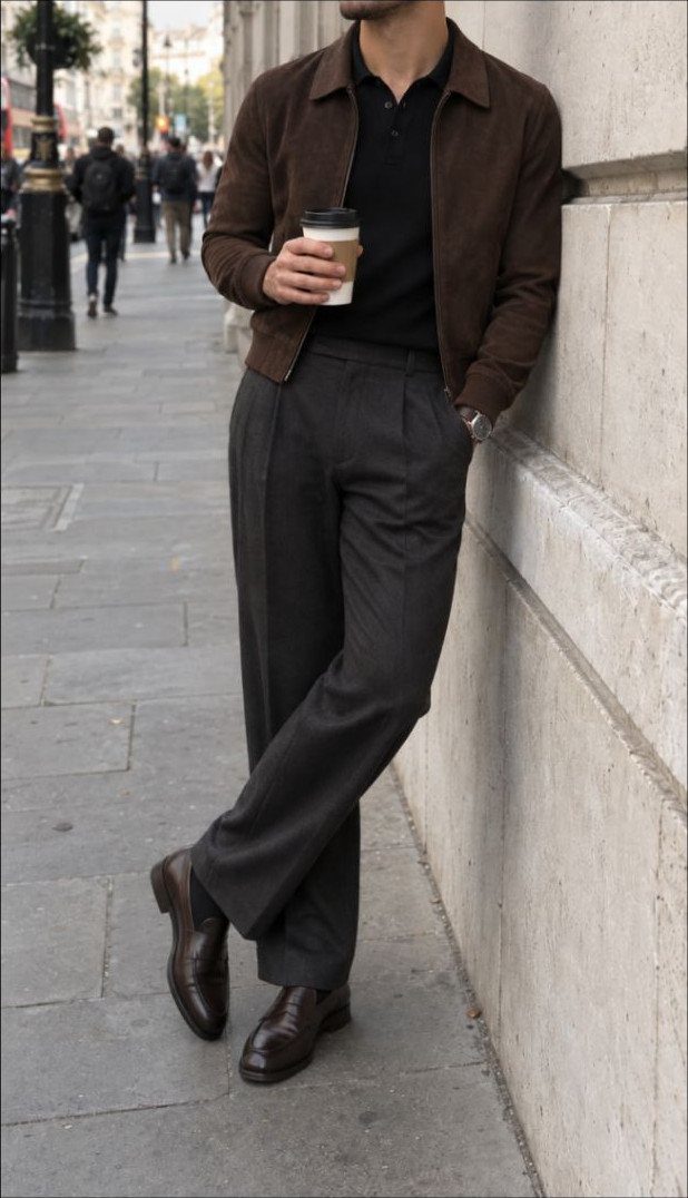 Man wearing a brown suede jacket, black polo, and grey trousers on a sidewalk