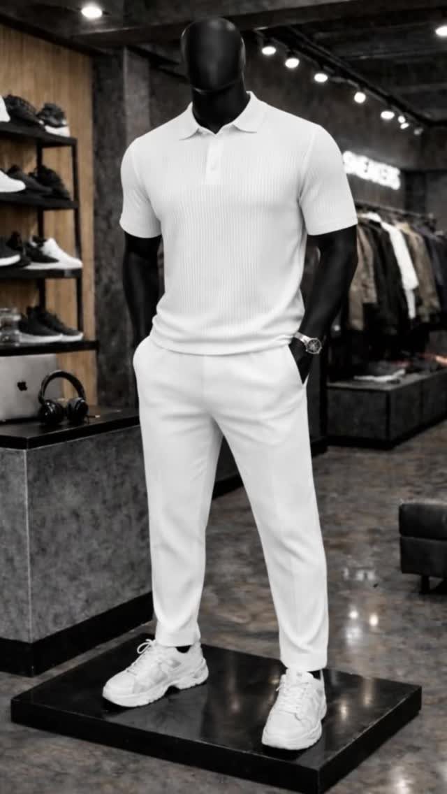 Black mannequin wearing a white short-sleeved polo, white trousers, and white sneakers.