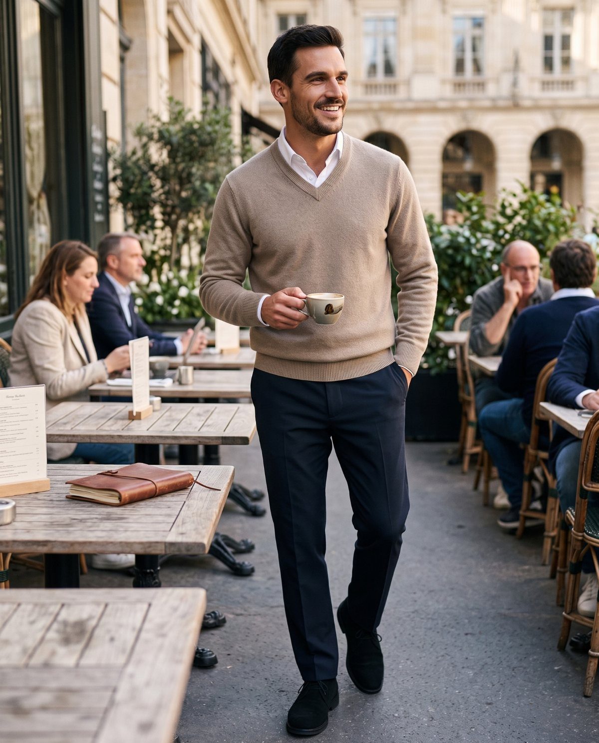 Man in beige V-neck sweater over white shirt and navy trousers walking outdoors.