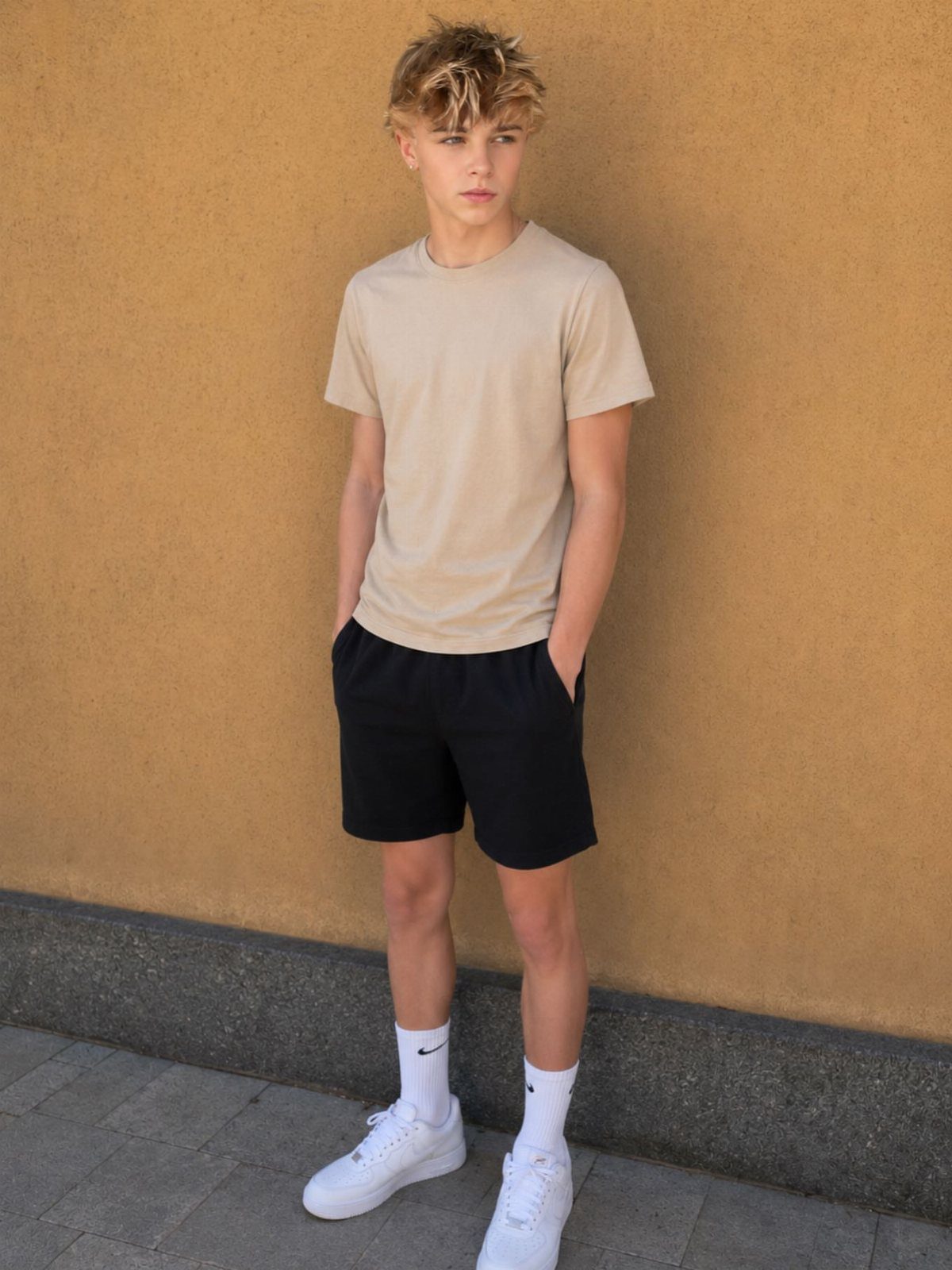 Teenage boy wearing a beige t-shirt, black shorts, and white sneakers against yellow wall